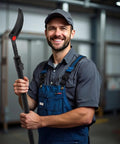 Smiling person holding Beefy 29 To 48 Inch Adjustable Pry Bar With 180 Degree Rotating Head For Flexible Angles And Tight Space Access Heavy Duty Carbon Steel Crowbar For Industrial Disassembly And Repairs in workshop.