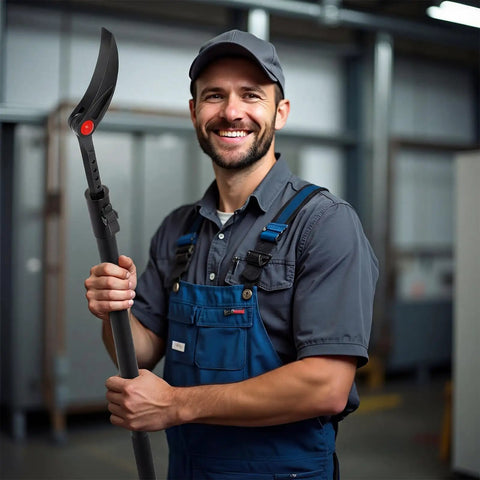 Smiling person holding Beefy 29 To 48 Inch Adjustable Pry Bar With 180 Degree Rotating Head For Flexible Angles And Tight Space Access Heavy Duty Carbon Steel Crowbar For Industrial Disassembly And Repairs in workshop.