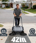 42 Inch Walk Behind Floor Sweeper With Dual Side Brushes And Fifteen Gallon Dustbin For Warehouses Driveways And Garages Crushes Dirt For Real Straight Up Smooth Operator That Handles Tough Jobs Daily on a driveway.