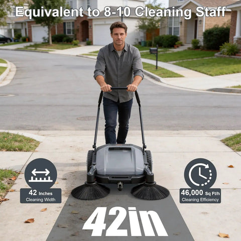 42 Inch Walk Behind Floor Sweeper With Dual Side Brushes And Fifteen Gallon Dustbin For Warehouses Driveways And Garages Crushes Dirt For Real Straight Up Smooth Operator That Handles Tough Jobs Daily on a driveway.