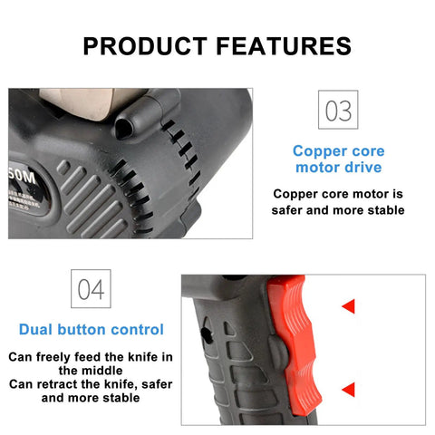 Close-up of portable cable cutting kit with copper core motor drive and dual button control, showcasing safety and stability features.