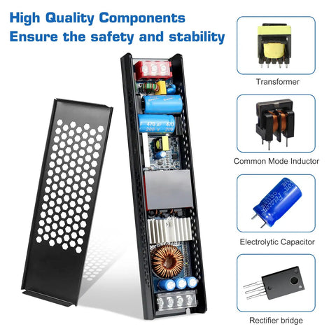 Ultra Slim 24V 400W LED Power Supply With Constant Voltage 110 To 130V AC Input 16.7A Output Aluminum Enclosure For LED Strip Lights Cabinet Lighting Signage And Display Lighting, open view
