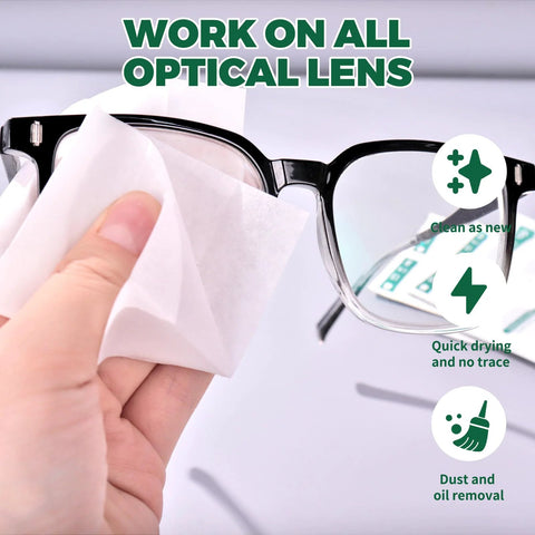 Front view of eyeglasses being cleaned with an Icepac lens wipe; moistened, individually wrapped, 5x6 inches