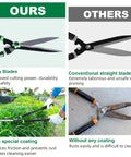 Comparison of "Ours" wavy blade hedge shears and "Others" straight blade shears, showing cutting advantages and rust resistance.
