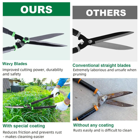 Comparison of "Ours" wavy blade hedge shears and "Others" straight blade shears, showing cutting advantages and rust resistance.