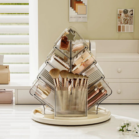 Sturdy Clear Swivel Makeup Organizer, 360 Slick Spin Lazy Susan Tray For Vanities, clear storage caddy with brushes.