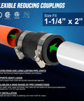 Flexible PVC Reducing Coupling With Stainless Steel Clamps For Two Inch To One And A Quarter Inch DWV Pro Grade Piping Connector Fits Cast Iron Plastic Copper Lead Steel Non Pressure Drain Waste Vent, 1-1/4 x 2 in