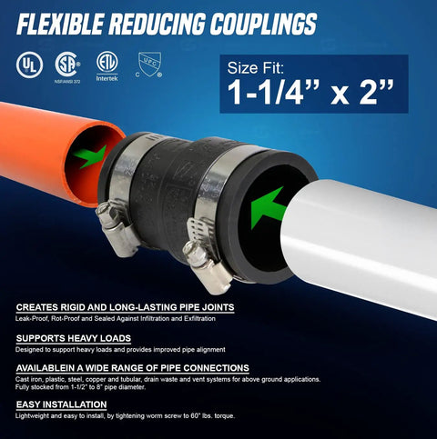 Flexible PVC Reducing Coupling With Stainless Steel Clamps For Two Inch To One And A Quarter Inch DWV Pro Grade Piping Connector Fits Cast Iron Plastic Copper Lead Steel Non Pressure Drain Waste Vent, 1-1/4 x 2 in