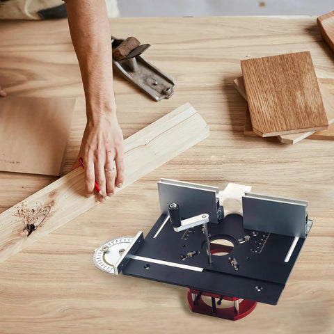 Aluminum Alloy Router Kit With Table Base Plate And Liftable Base for woodworking, shown on a wooden workshop table.