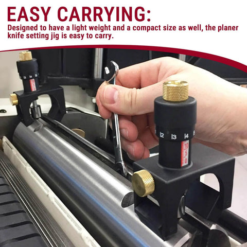 Person adjusting Magnetic Planer Blade Setting Jig on planer, showing easy setup for accurate blade height and pro-grade results.