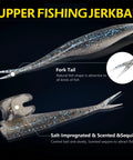 Close-up of Swimmin Soft Plastic Fishing Lures Set 4 Inch And 5 Inch Salty Split Tail Jerk Shad Minnows with fork tail and sequins.