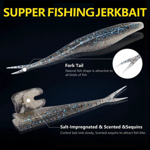 Close-up of Swimmin Soft Plastic Fishing Lures Set 4 Inch And 5 Inch Salty Split Tail Jerk Shad Minnows with fork tail and sequins.