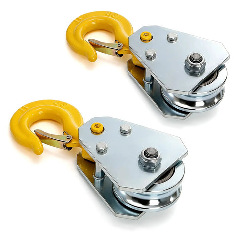 Two Pack Pulley Hook Snatch Block For One Ton 2200 Lb Load Heavy Duty Steel With Hook For Five Eighth Inch Wire Rope 360 Degree Swivel Double Bearing Hoist Pulley System For Towing, 2-pack