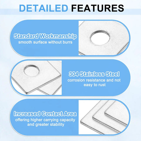 Top Shelf 304 Stainless Steel Square Washers 1 Inch Flat Pads For 5/16 In Bolt Heavy Gauge Construction Spacers close-up features overview.