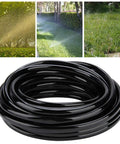 10M Garden Drip Irrigation Hose Kit, PVC Flexible Tubing 8 To 11 mm, Black, shown coiled with lawn watering scenes above