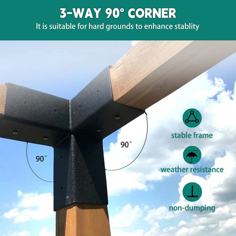 3-way 90° corner of 6x6 Pergola Bracket Kit with Powder Coated Carbon Steel Post Brackets showing stability and weather resistance