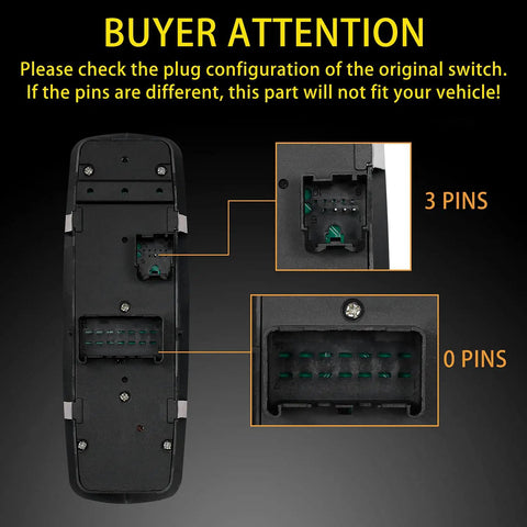 Power Window Switch Replacement For 2012 To 2017 Dodge Grand Caravan And Chrysler Town And Country showing 3 and 0 pins socket details.