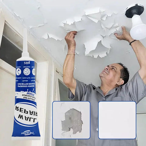 Fast Dry Wall Patch Kit For Holes And Cracks Self Adhesive Putty used to repair peeling ceiling paint, showing repair process.