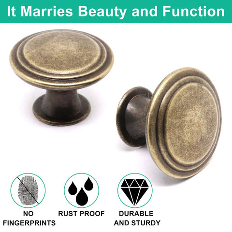 Antique Brass Cabinet Knobs 25 Pack With Screws 1.2 Inch Round Cabinet Door Knobs showcasing design and features