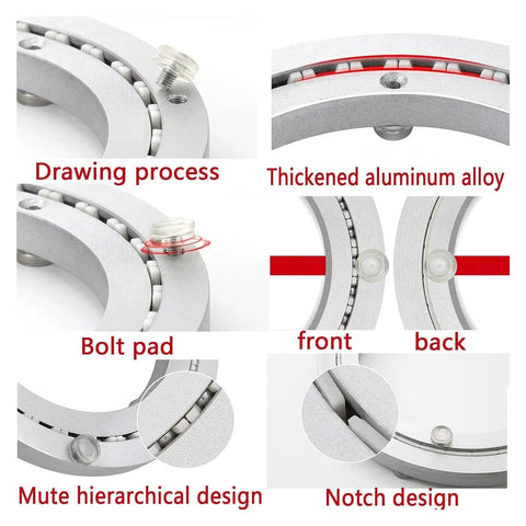 Close-up images of Built Tough Heavy Duty Turntable Base Bearing for 8 to 32 Inch Tables, showing aluminum alloy material and design features.