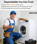 Technician with washer promoting Dryer Repair Kit With Drum Roller Idler Pulley And Belt For Whirlpool Kenmore Maytag Replaces 4392065RC WP691366