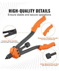 Super Cool 16 Inch Rivet Nut Tool Kit With Labor Saving Design, Featuring 13 Metric Sae Mandrels And A Bunch Of Rivet Nuts For Easy Auto Repair And Fastening Jobs Without Breaking A Sweat. orange and black carbon steel rivet nut tool with rubber handle