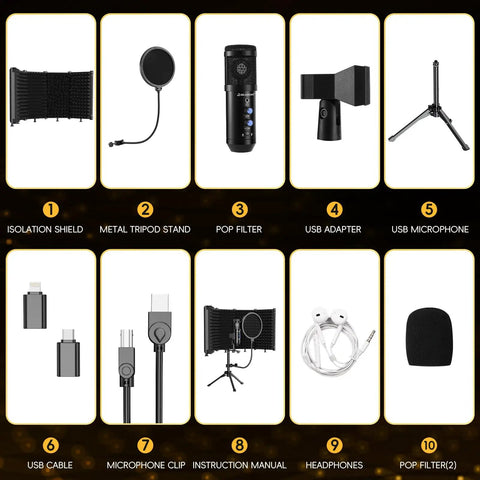 Components of Upgraded USB Studio Condenser Microphone With Isolation Shield And Pop Filter For Podcasters, Singers, And Streamers