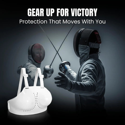Chest Protector For Fencing Training Gear For Foil Epee Saber Durable Hard Plastic Plastron With Adjustable Straps shown in use with fencers
