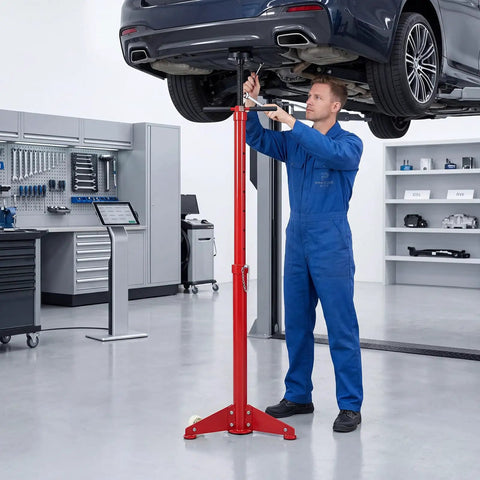 Mechanic adjusting Heavy Duty Underhoist Support Stand With Dual Height Adjustments For Car Lifts And Garage Jobs Up To Three Quarter Ton Capacity.