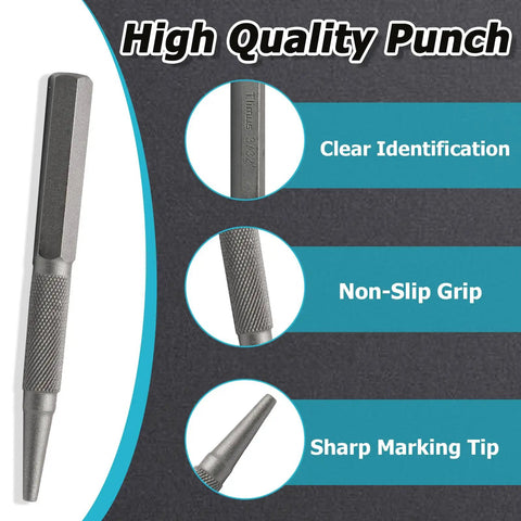 Heavy Duty Four Piece Nail Setter And Center Punch Set For Woodworking Projects With Precision Drill Marking Tools showing a high-quality punch with non-slip grip.