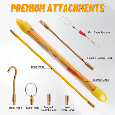 11Ft Fiberglass Fish Tape Rods Kit For Running Electrical Cables Through Walls And Attics With Glow Rods And Attachments