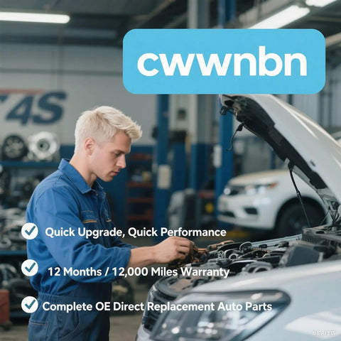 Mechanic in blue uniform working on car engine with cwwnbn logo and warranty text, in auto repair shop