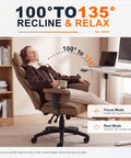 Person reclining in Big And Tall Office Chair With Pocket Spring Cushion And Plush Back High Back Comfy Ergonomic Gaming Style Desk Chair With Adjustable Armrests Lumbar Support Footrest Brown PU Leather