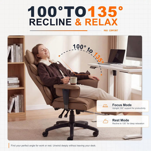 Person reclining in Big And Tall Office Chair With Pocket Spring Cushion And Plush Back High Back Comfy Ergonomic Gaming Style Desk Chair With Adjustable Armrests Lumbar Support Footrest Brown PU Leather