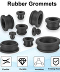 Top Hat Rubber Grommets For Wiring 7mm Drill Hole Inner Diameter 3/16 Inch, assorted black silicone shapes on blue background