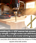 Number 10 X 1 5/8 Inch Reamer Tek Screws Self Drilling Wood To Steel Fasteners with Torx Star Drive Head installed in wood.