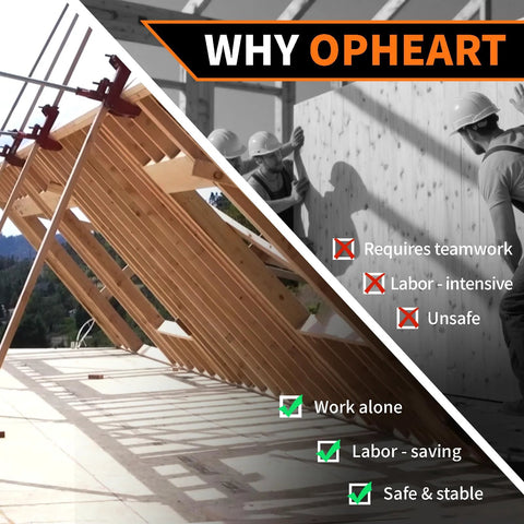 Heavy-Duty Wall Jack by Amazon, red, shown over log-home timber framing with construction workers.