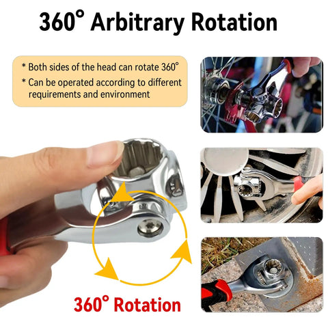 360 degree rotating Universal Wrench 52 In 1 Socket Wrench Set showing usage on car, bike, and bolt, double-ended design visible