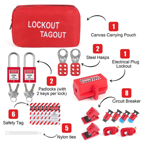 Lockout Tagout Kit For Electrical Safety Station Hasp Latch Circuit Breaker Tags And Safety Loto Locks With Nylon Ties And Pocket Bag Red 25 Piece Set For Industrial Factory Protection, showing items like steel hasps, padlocks, safety tags, and nylon ties.