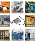Collage featuring express locker, gym locker, supermarket locker, and 12V Waterproof Electronic Rotary Latch With Motor Servo Locking System