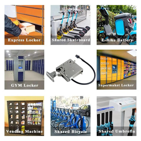 Collage featuring express locker, gym locker, supermarket locker, and 12V Waterproof Electronic Rotary Latch With Motor Servo Locking System