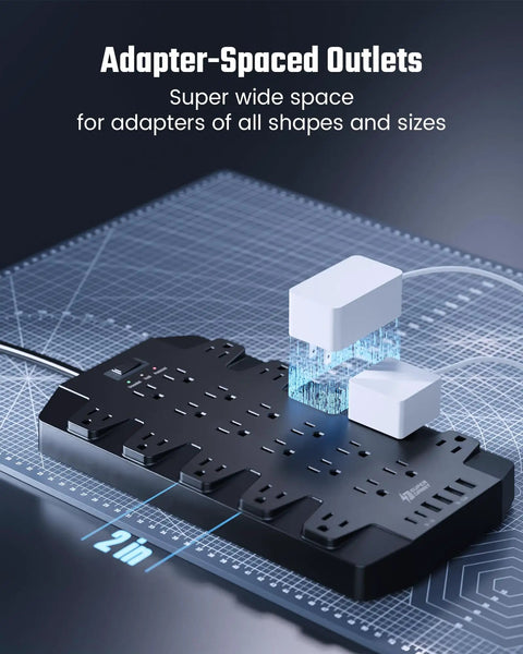 Massive 28 In 1 Power Strip Surge Protector With 22 Outlets, 2 USB C Ports, 4 USB A Ports, 1875 Watts And 15 Amps, 2100 Joule Surge Protection, Six And A Half Foot Extension Cord, Wall Mount Holes For Home Office Dorm Gaming adapter-spaced outlets