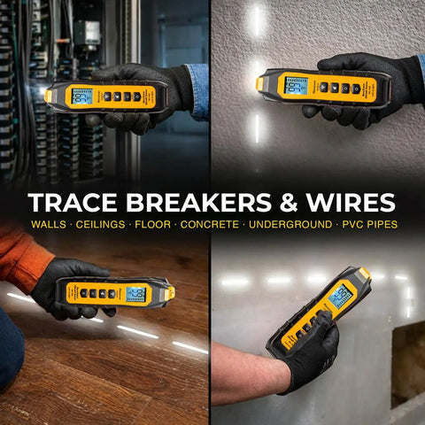 SureTrace Digital Circuit Tracer And Circuit Breaker Finder For 0-480V AC DC with backlit display in various tracing scenarios