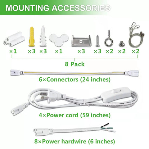 Mounting accessories for 8 Pack 8FT LED Shop Lights 100W Each, 6000K White, 15000LM with connectors and power cords.