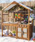 Outdoor Mud Kitchen For Kids With Canopy Wooden Pretend Play Kitchen showing four stoves, chalkboard, and storage area