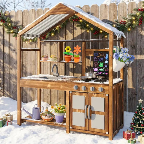 Outdoor Mud Kitchen For Kids With Canopy Wooden Pretend Play Kitchen showing four stoves, chalkboard, and storage area