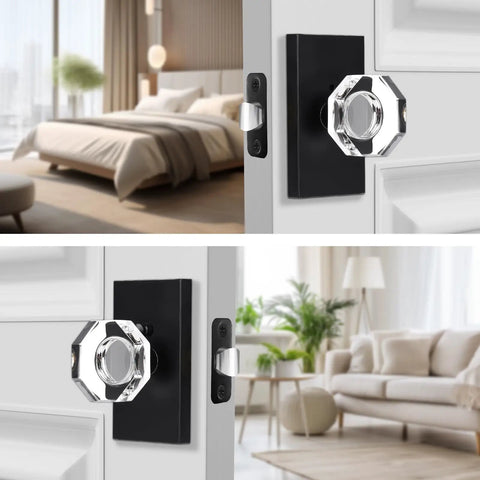 Matte Black Clear Glass Crystal Door Knobs With Privacy Lock For Bedroom And Bathroom, close-up view on bedroom and living room doors