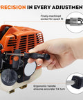 Hand adjusting carburetor on orange trimmer engine with Pack Of 14 Carburetor Adjustment Tools With RPM Tachometer Hour Meter
