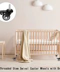 Heavy Duty Caster Wheels Set of Four with 360 Degree Swivel Rolling Smooth as Butter on Silent Polyurethane Treads for Scratch Free Floors featuring a baby crib.
