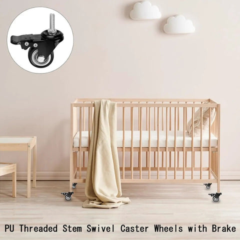 Heavy Duty Caster Wheels Set of Four with 360 Degree Swivel Rolling Smooth as Butter on Silent Polyurethane Treads for Scratch Free Floors featuring a baby crib.